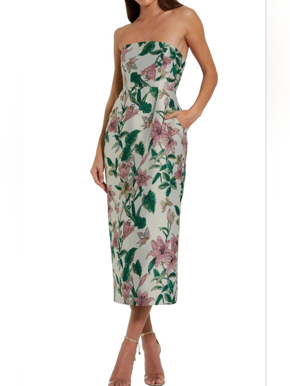 Mac Duggal Floral Brocade Strapless Fitted Midi Dress. Retail Price $498